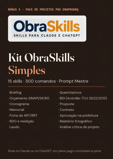 Capa do Kit ObraSkills Simples: 15 skills, 300 comandos e Prompt Mestre para briefing, quantitativos, orçamento SINAPI/SICRO, BDI pelo Acórdão TCU 2622/2013, cronograma, proposta, memorial, contrato, ficha de ART/RRT, aprovação na prefeitura, RDO, medição, relatório fotográfico, laudo e análise crítica de projeto