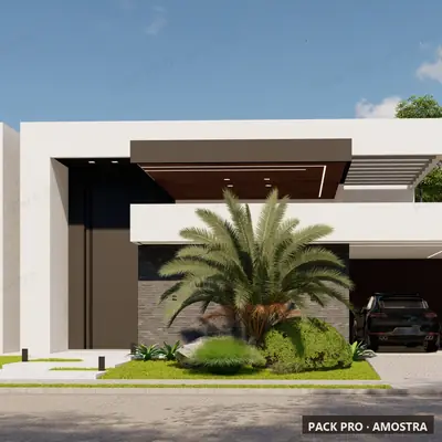 Fachada ilustrativa do P004: casa térrea, 350 m², gerada com IA a partir do projeto