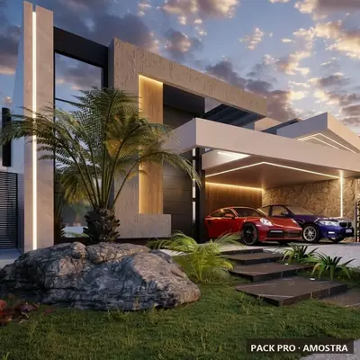 Fachada ilustrativa do P016: casa térrea, 183 m², gerada com IA a partir do projeto