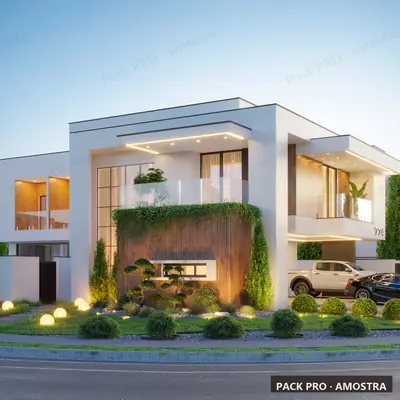 Fachada ilustrativa do P021: sobrado de esquina, 373 m², gerada com IA a partir do projeto