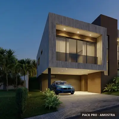 Fachada ilustrativa do P034: casa duplex, 237 m², gerada com IA a partir do projeto