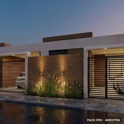 Fachada ilustrativa do P145: condomínio de casas, 80 m² cada, gerada com IA a partir do projeto