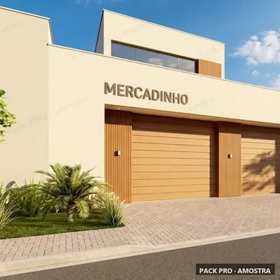 Fachada ilustrativa do P157: casa duplex + comercial, gerada com IA a partir do projeto