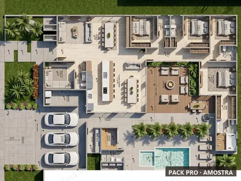 Planta humanizada ilustrativa do P004: casa térrea, 350 m², vista de cima com mobiliário e vegetação