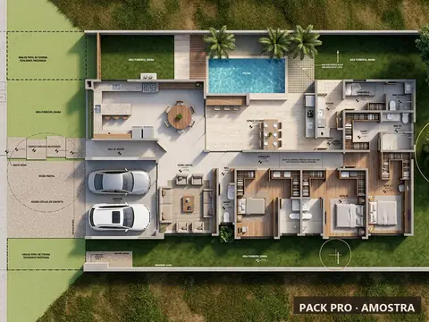 Planta humanizada ilustrativa do P008: casa térrea, 200 m², vista de cima com mobiliário e vegetação