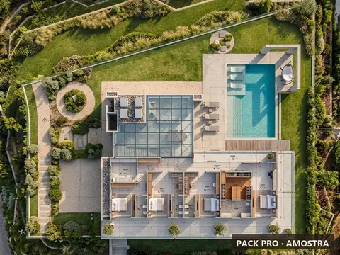 Planta humanizada ilustrativa do P022: sobrado, 336 m², vista de cima com mobiliário e vegetação
