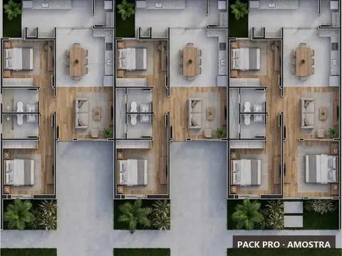 Planta humanizada ilustrativa do P145: condomínio de casas, 80 m² cada, vista de cima com mobiliário e vegetação