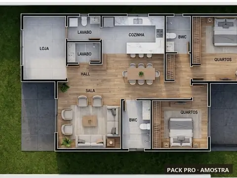 Planta humanizada ilustrativa do P147: casa duplex, 80 m², vista de cima com mobiliário e vegetação