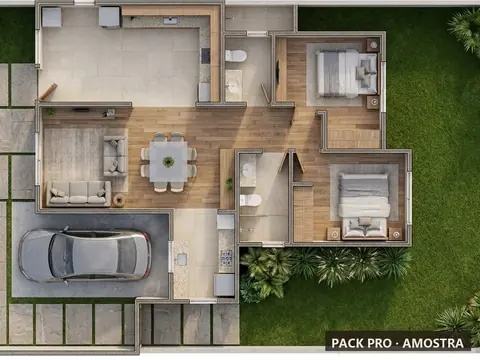 Planta humanizada ilustrativa do P152: casa térrea, 80 m², vista de cima com mobiliário e vegetação