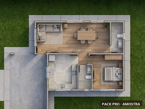 Planta humanizada ilustrativa do P153: casa térrea, 70 m², vista de cima com mobiliário e vegetação