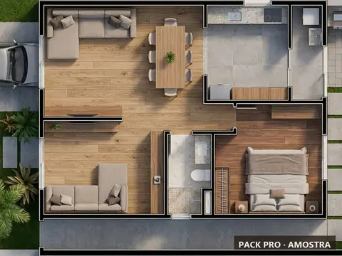 Planta humanizada ilustrativa do P162: casa térrea, 101 m², vista de cima com mobiliário e vegetação
